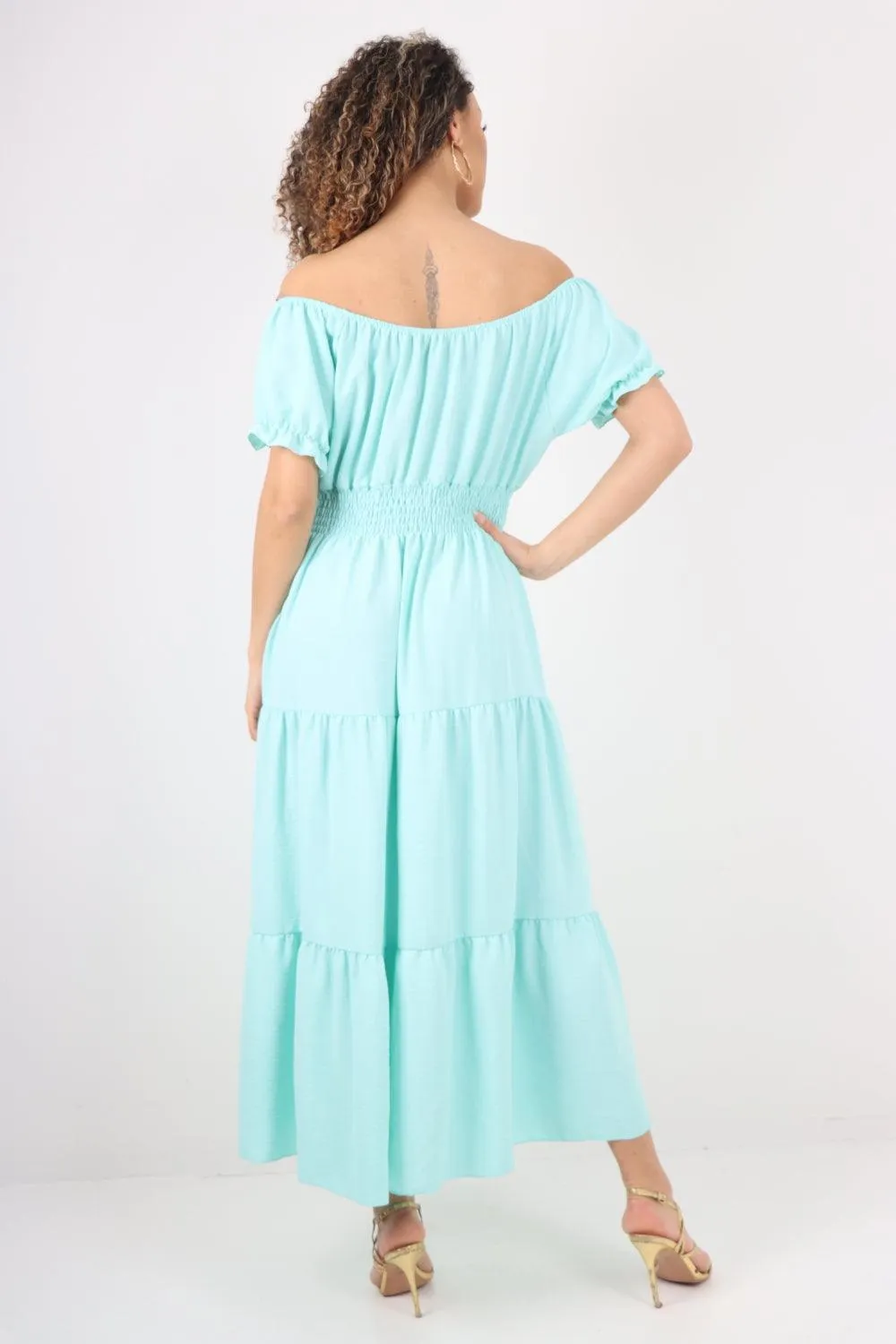 Shirred Elasticated Puffed Sleeve Maxi dress