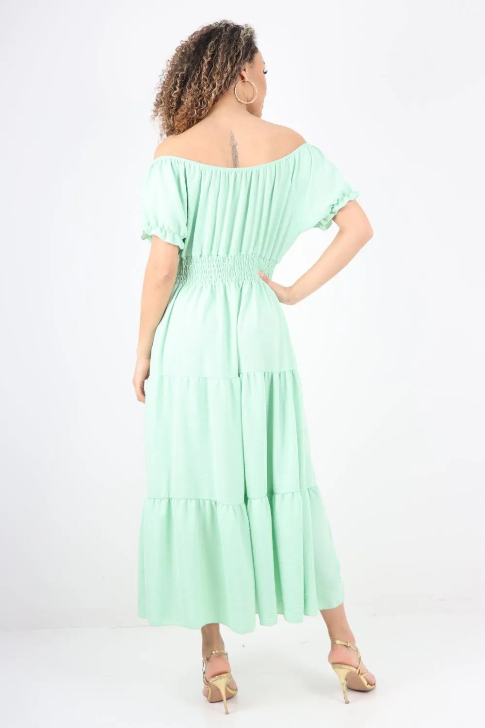 Shirred Elasticated Puffed Sleeve Maxi dress