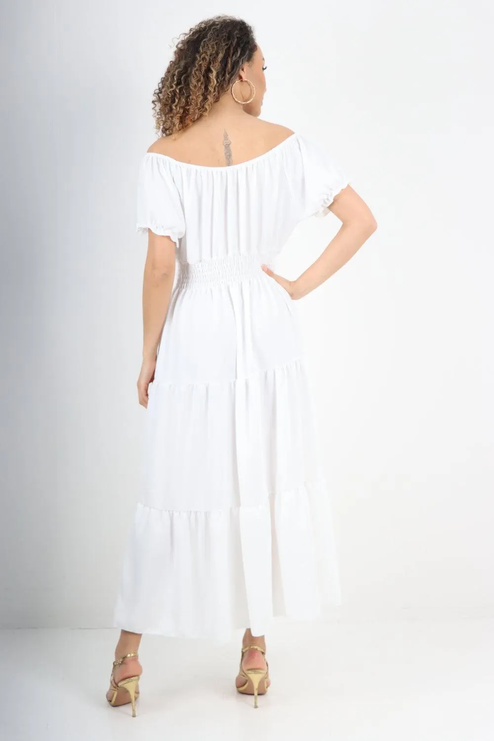 Shirred Elasticated Puffed Sleeve Maxi dress
