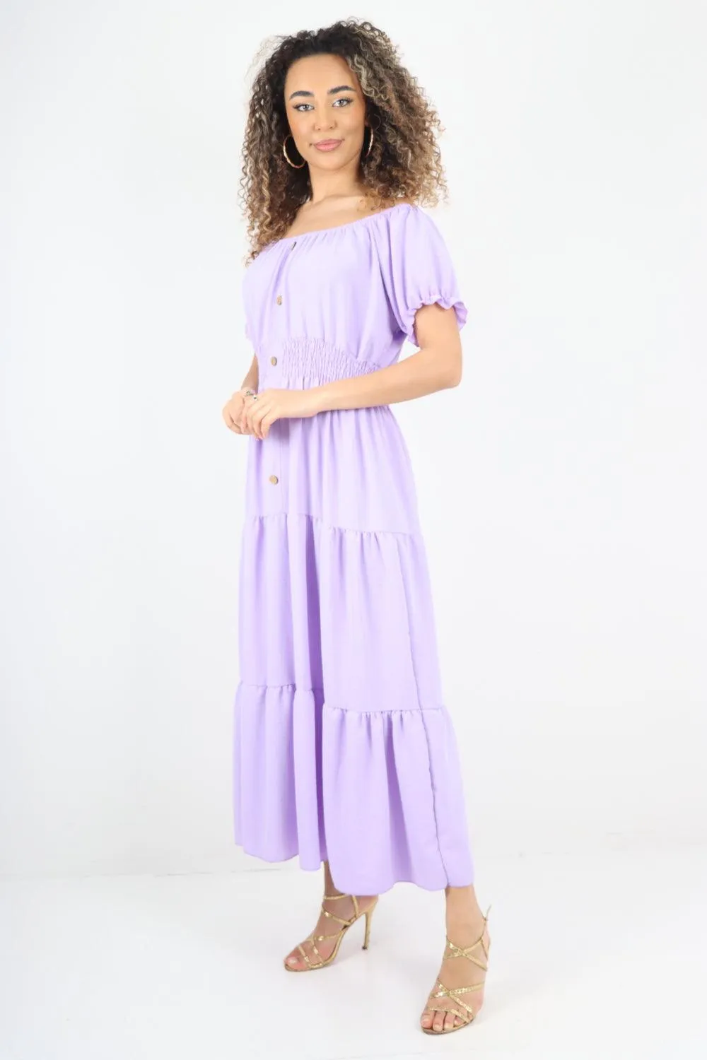 Shirred Elasticated Puffed Sleeve Maxi dress