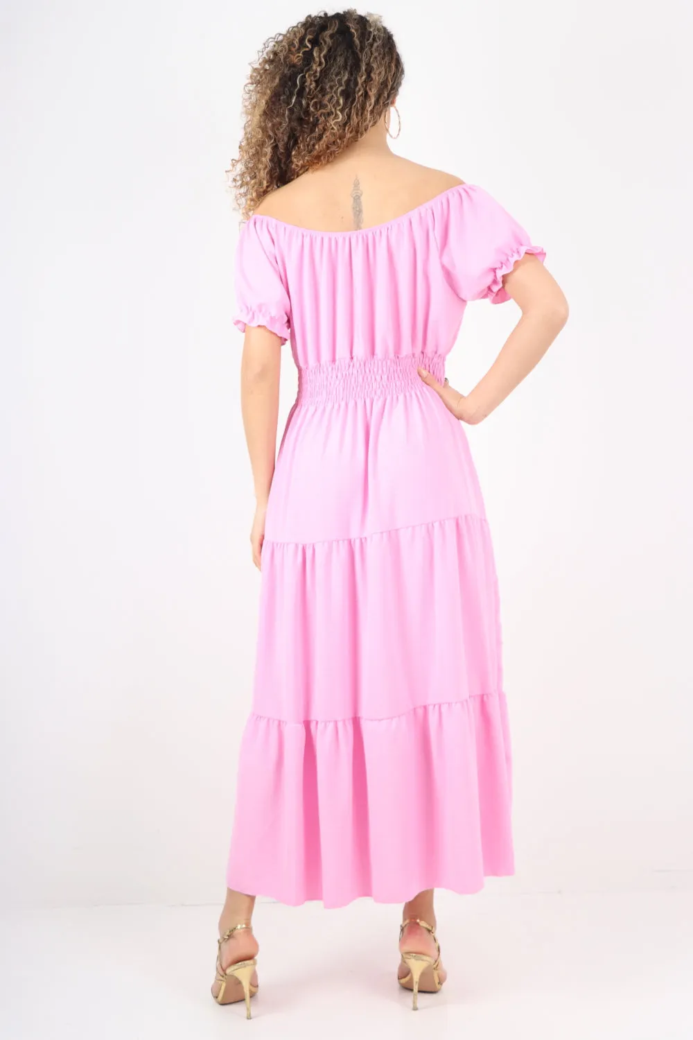 Shirred Elasticated Puffed Sleeve Maxi dress