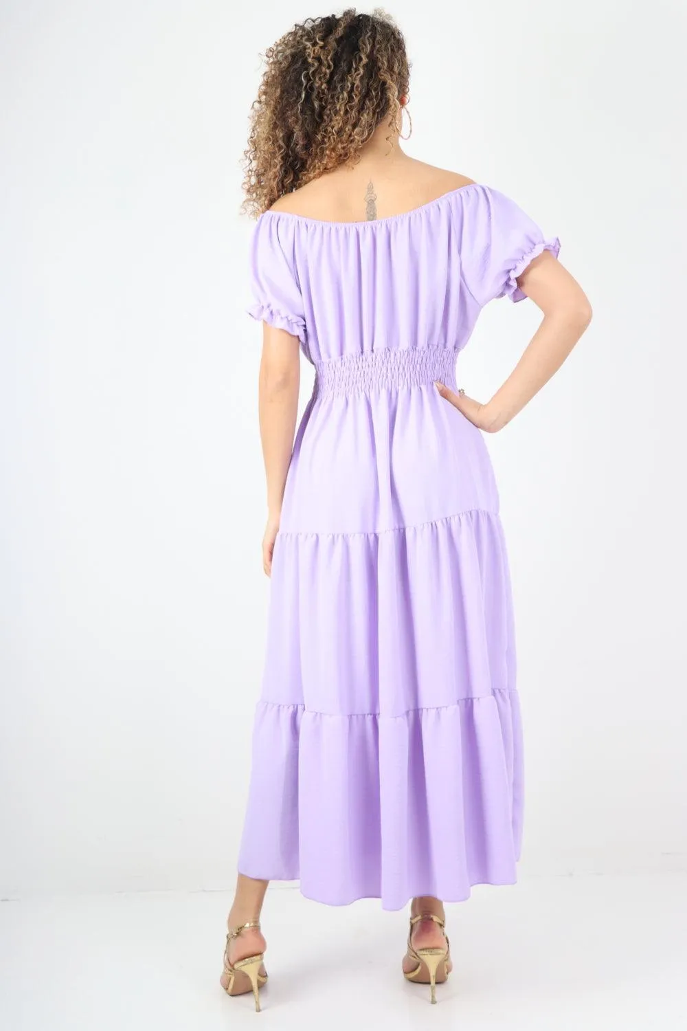 Shirred Elasticated Puffed Sleeve Maxi dress