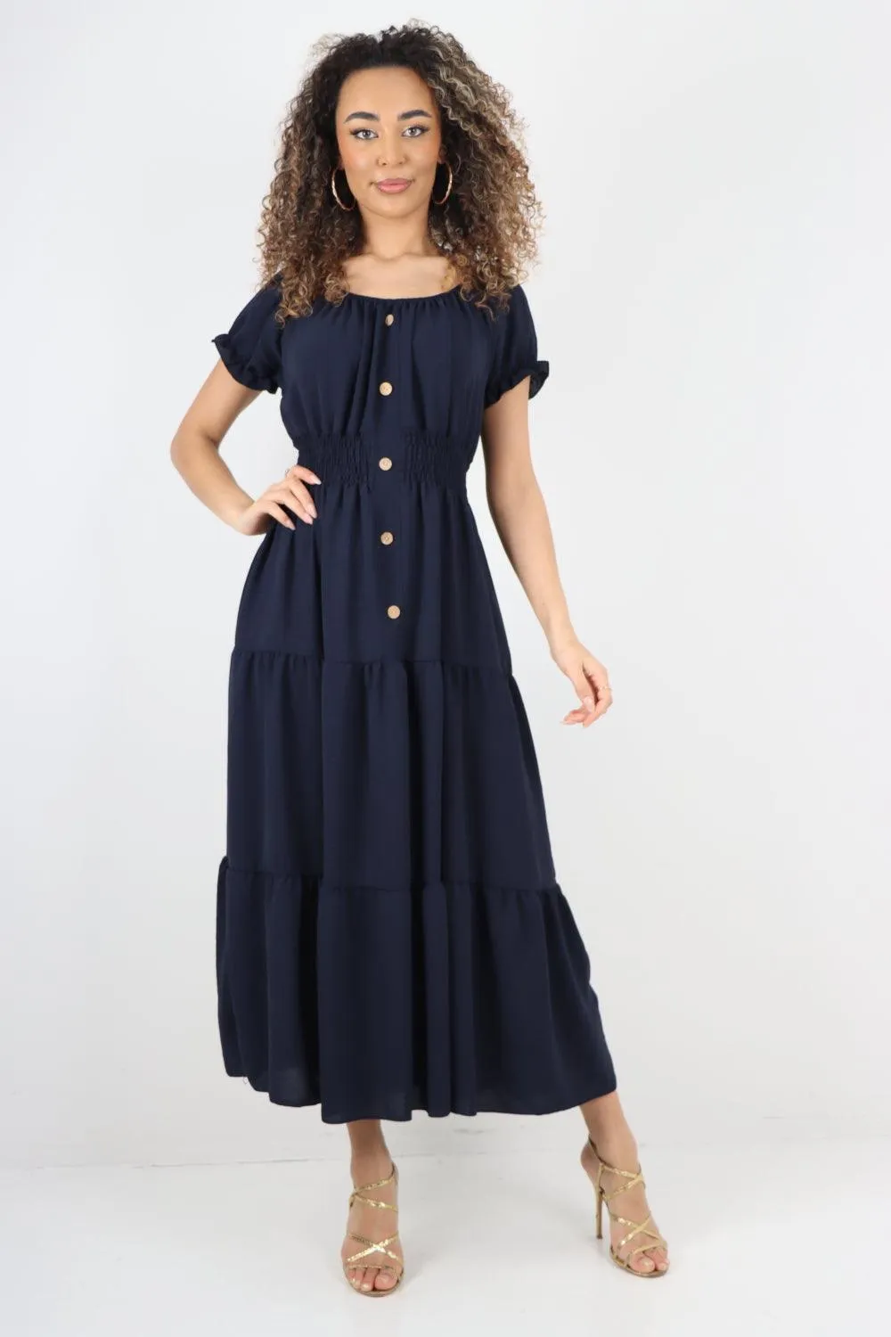 Shirred Elasticated Puffed Sleeve Maxi dress
