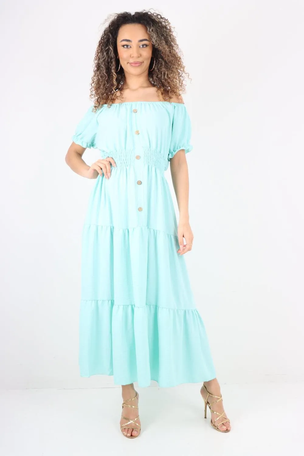 Shirred Elasticated Puffed Sleeve Maxi dress