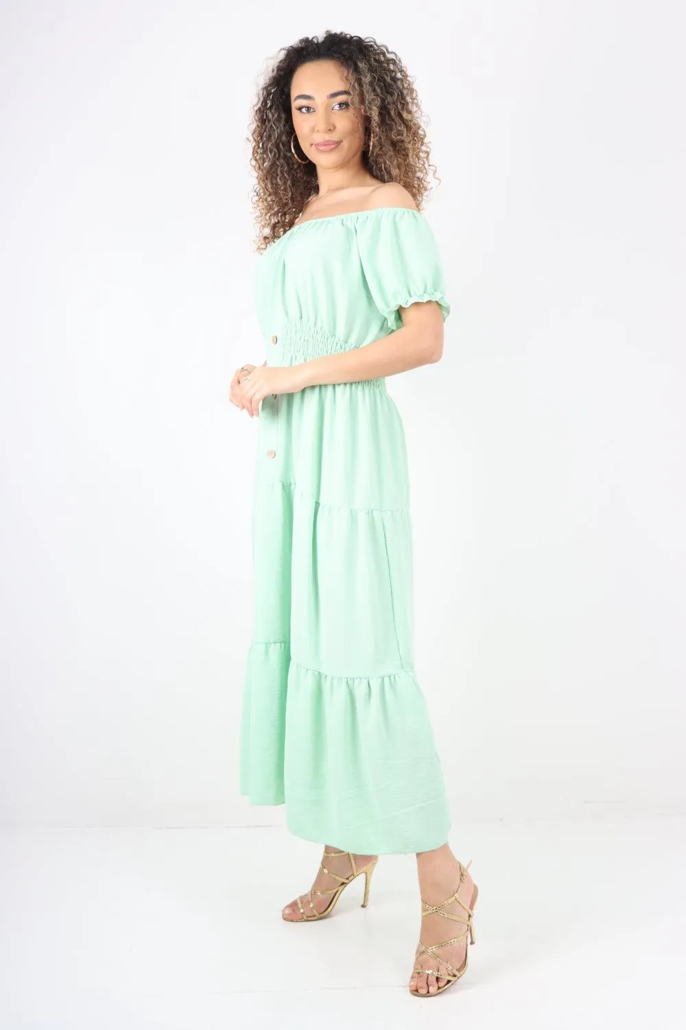 Shirred Elasticated Puffed Sleeve Maxi dress