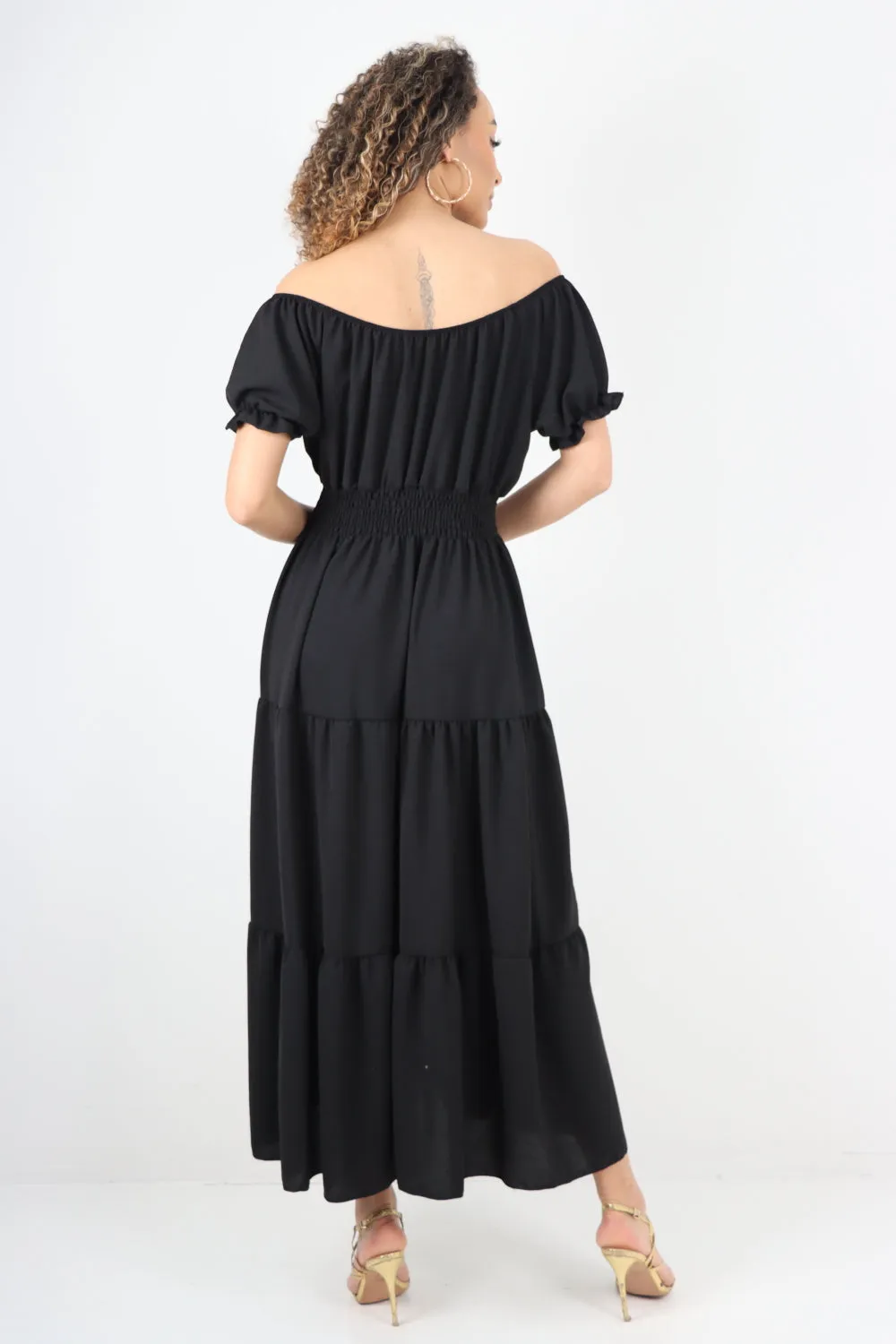Shirred Elasticated Puffed Sleeve Maxi dress