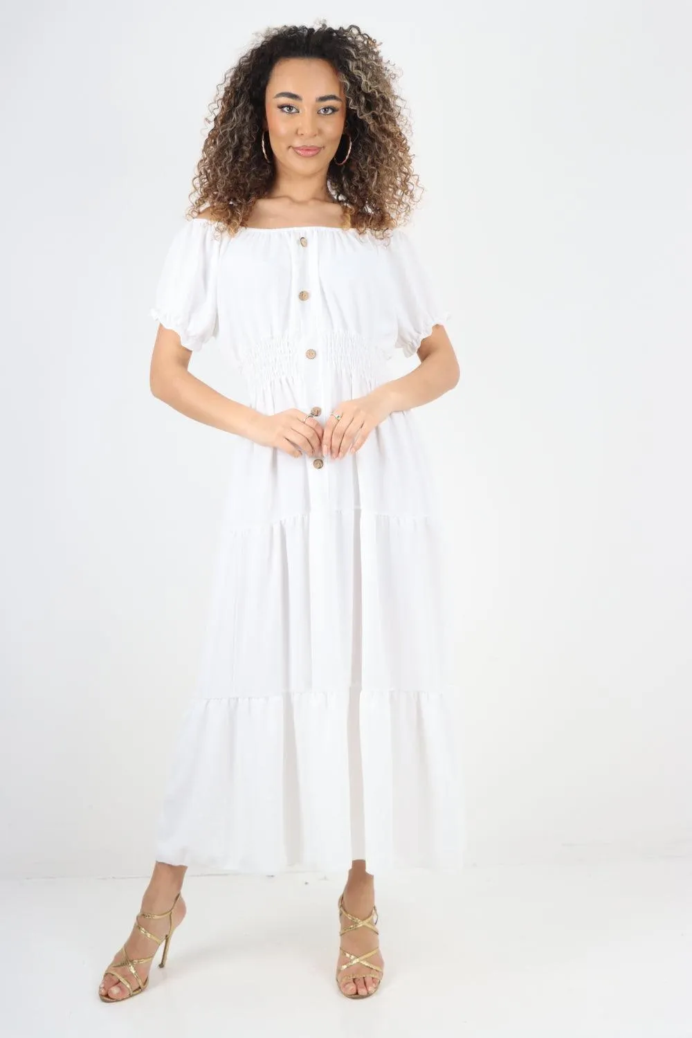 Shirred Elasticated Puffed Sleeve Maxi dress