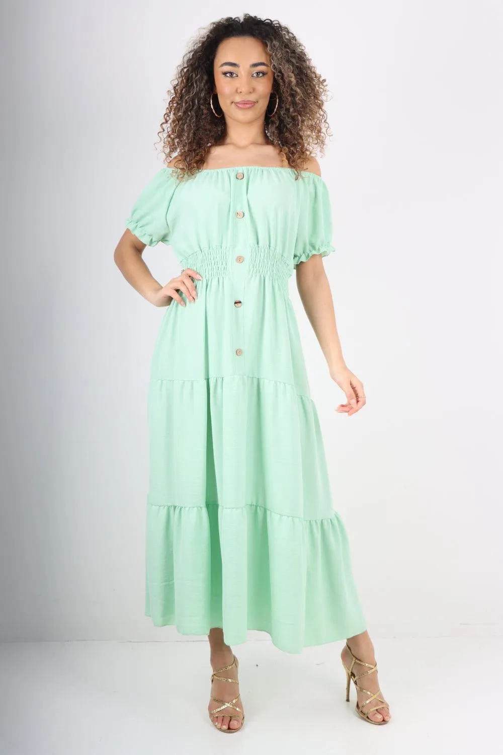 Shirred Elasticated Puffed Sleeve Maxi dress