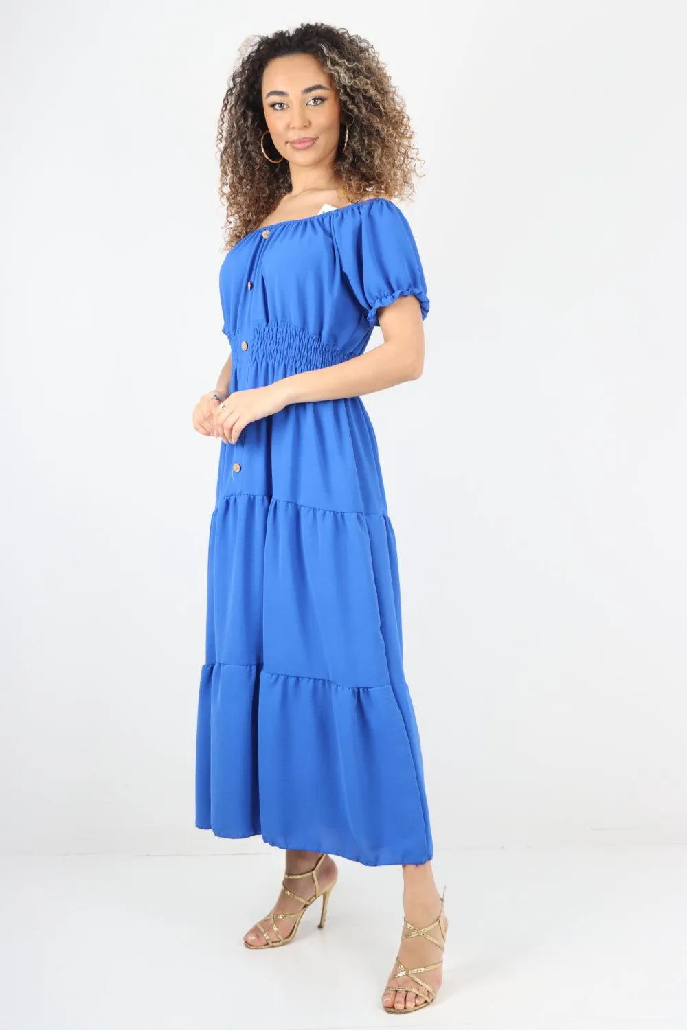 Shirred Elasticated Puffed Sleeve Maxi dress