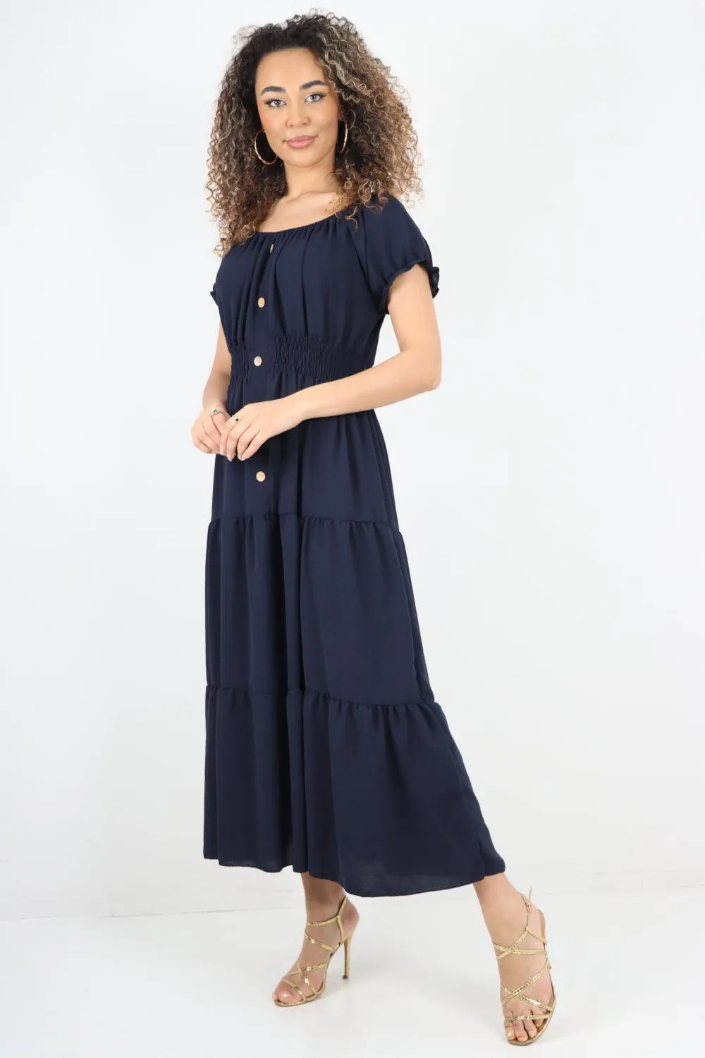Shirred Elasticated Puffed Sleeve Maxi dress