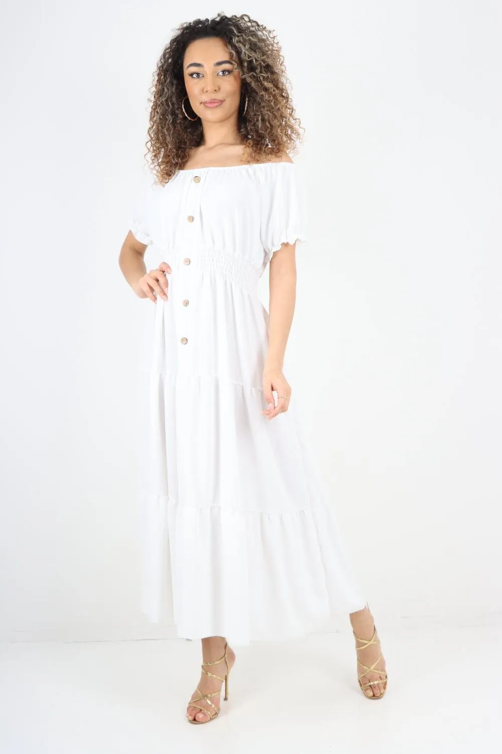 Shirred Elasticated Puffed Sleeve Maxi dress