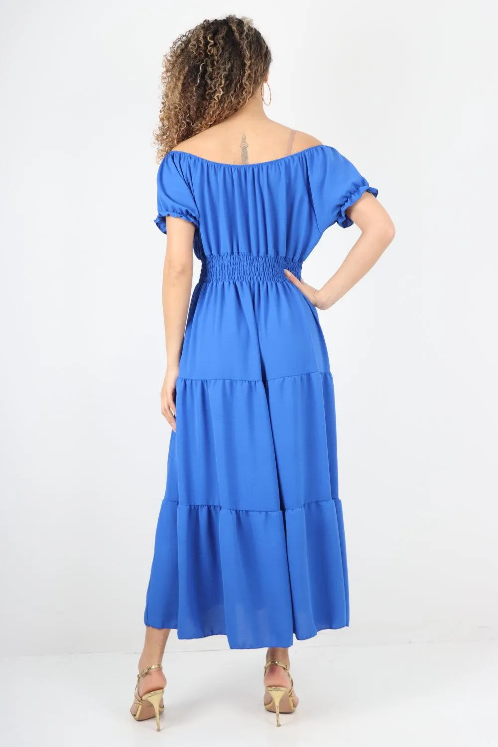 Shirred Elasticated Puffed Sleeve Maxi dress