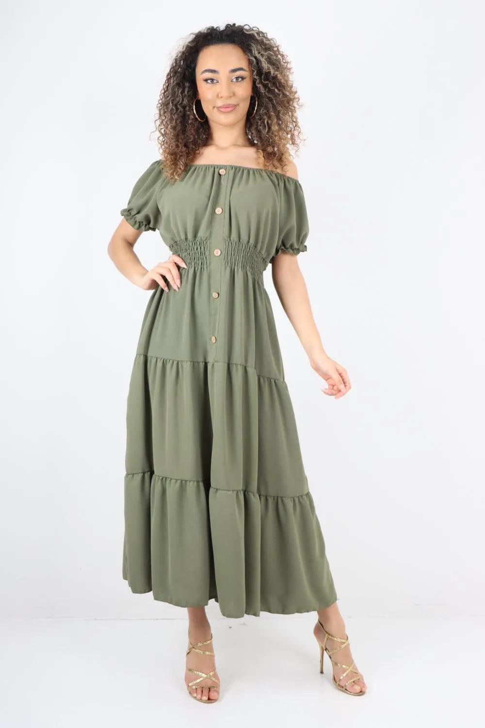 Shirred Elasticated Puffed Sleeve Maxi dress
