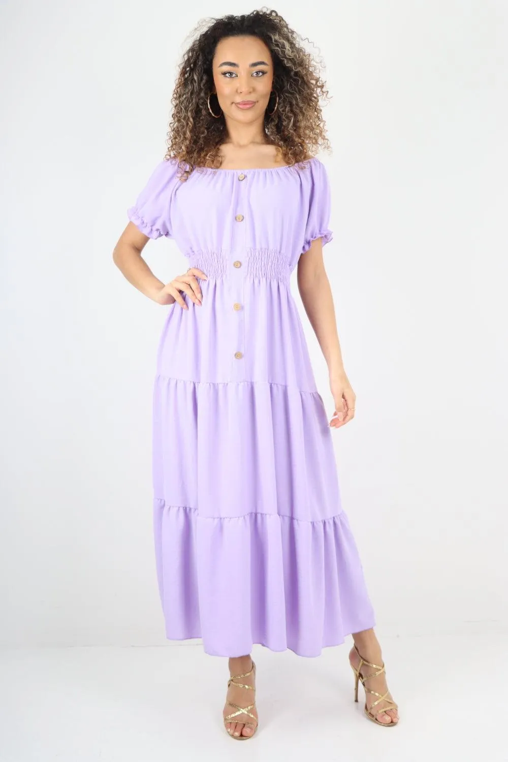 Shirred Elasticated Puffed Sleeve Maxi dress