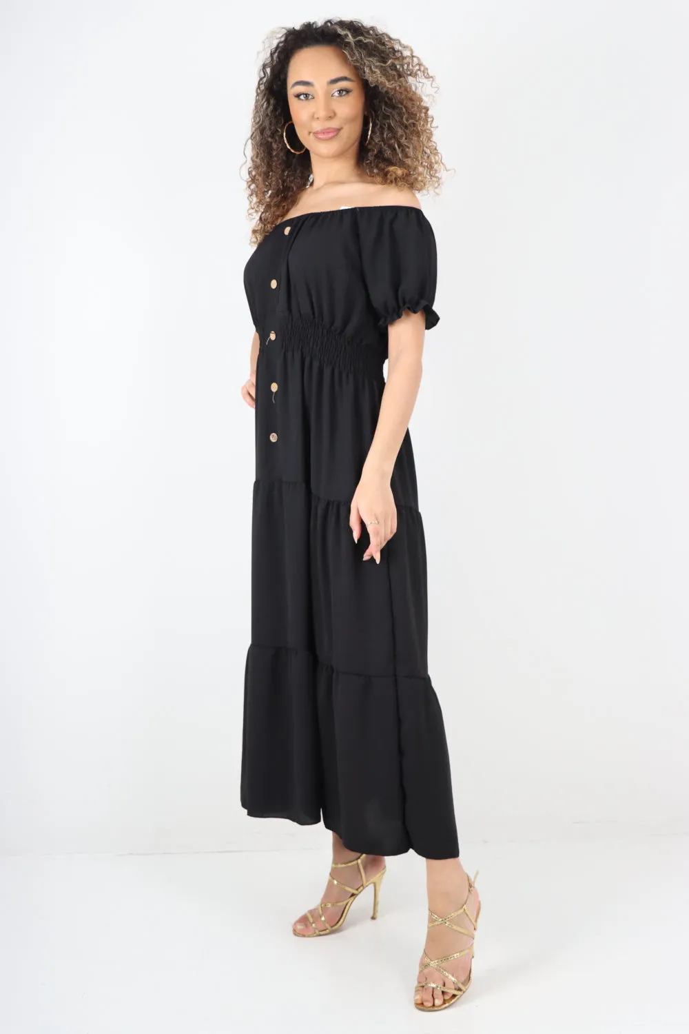Shirred Elasticated Puffed Sleeve Maxi dress
