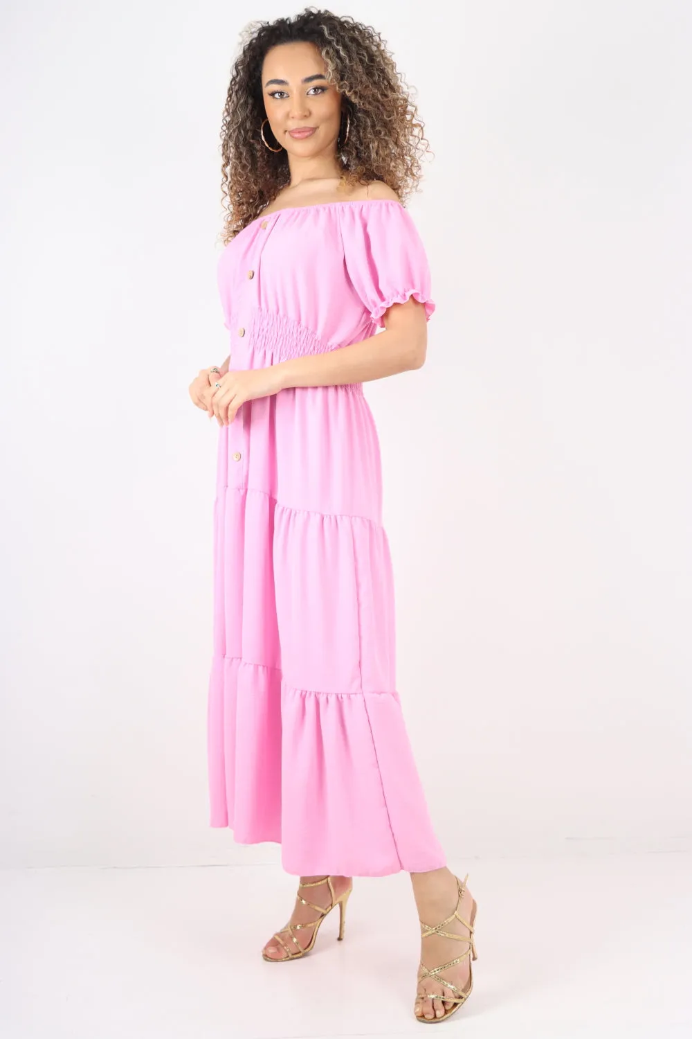 Shirred Elasticated Puffed Sleeve Maxi dress