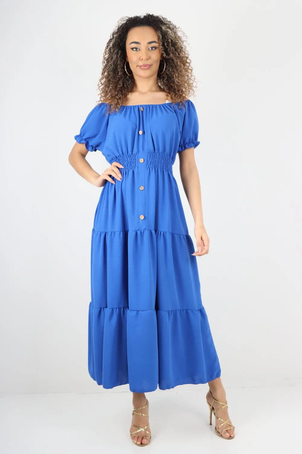 Shirred Elasticated Puffed Sleeve Maxi dress