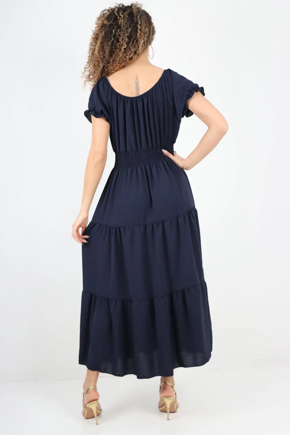Shirred Elasticated Puffed Sleeve Maxi dress