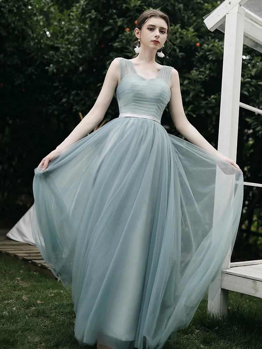 Simple A line Green Tulle Long Prom Dress, Green Tulle Bridesmaid Dresses