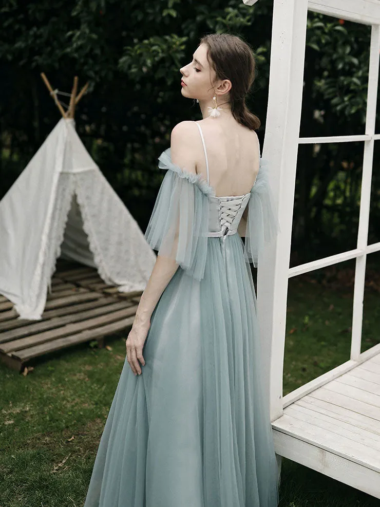 Simple A line Green Tulle Long Prom Dress, Green Tulle Bridesmaid Dresses