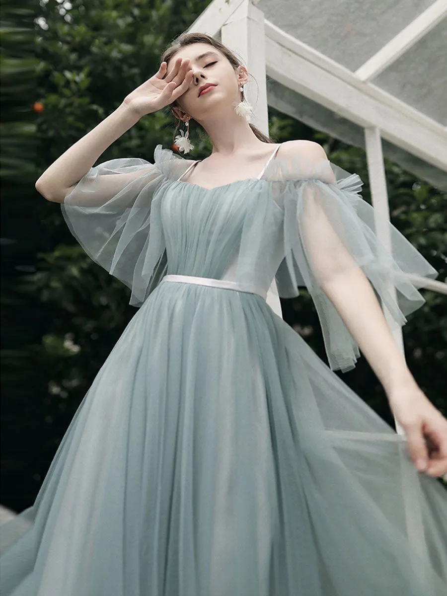 Simple A line Green Tulle Long Prom Dress, Green Tulle Bridesmaid Dresses