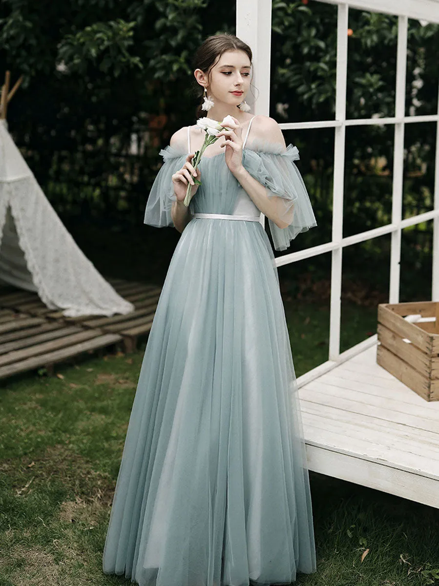 Simple A line Green Tulle Long Prom Dress, Green Tulle Bridesmaid Dresses