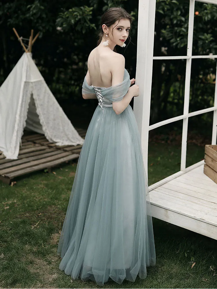Simple A line Green Tulle Long Prom Dress, Green Tulle Bridesmaid Dresses