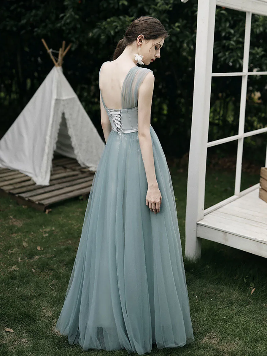 Simple A line Green Tulle Long Prom Dress, Green Tulle Bridesmaid Dresses