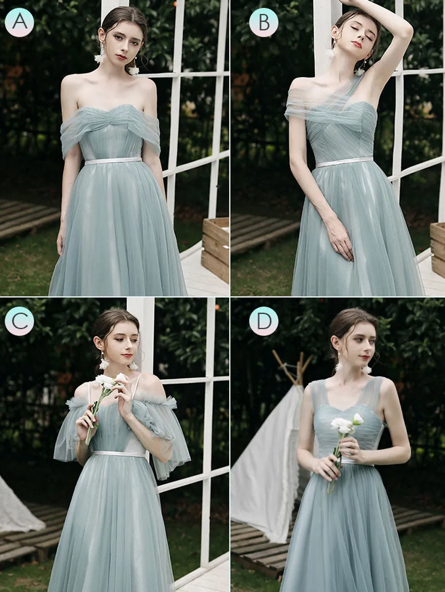 Simple A line Green Tulle Long Prom Dress, Green Tulle Bridesmaid Dresses