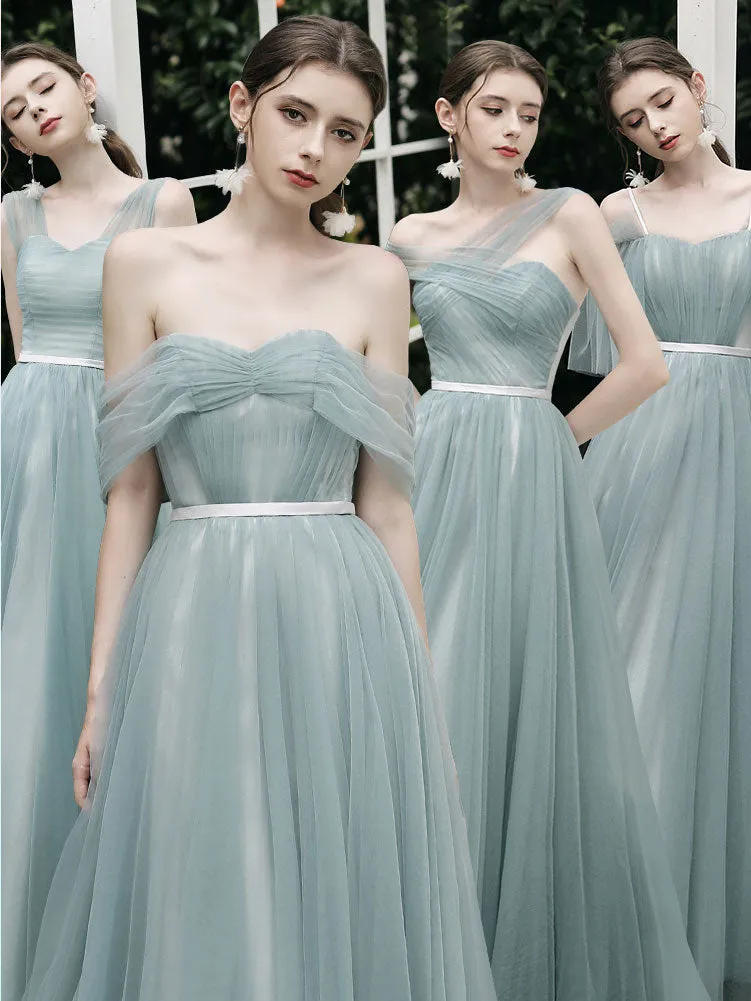Simple A line Green Tulle Long Prom Dress, Green Tulle Bridesmaid Dresses