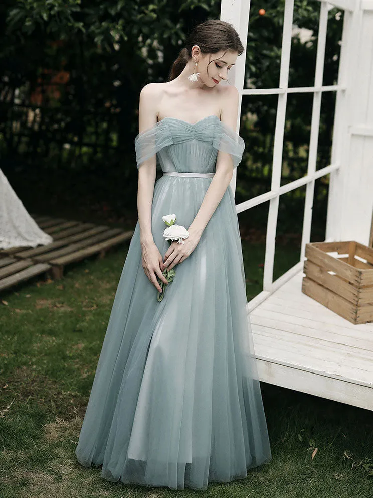 Simple A line Green Tulle Long Prom Dress, Green Tulle Bridesmaid Dresses