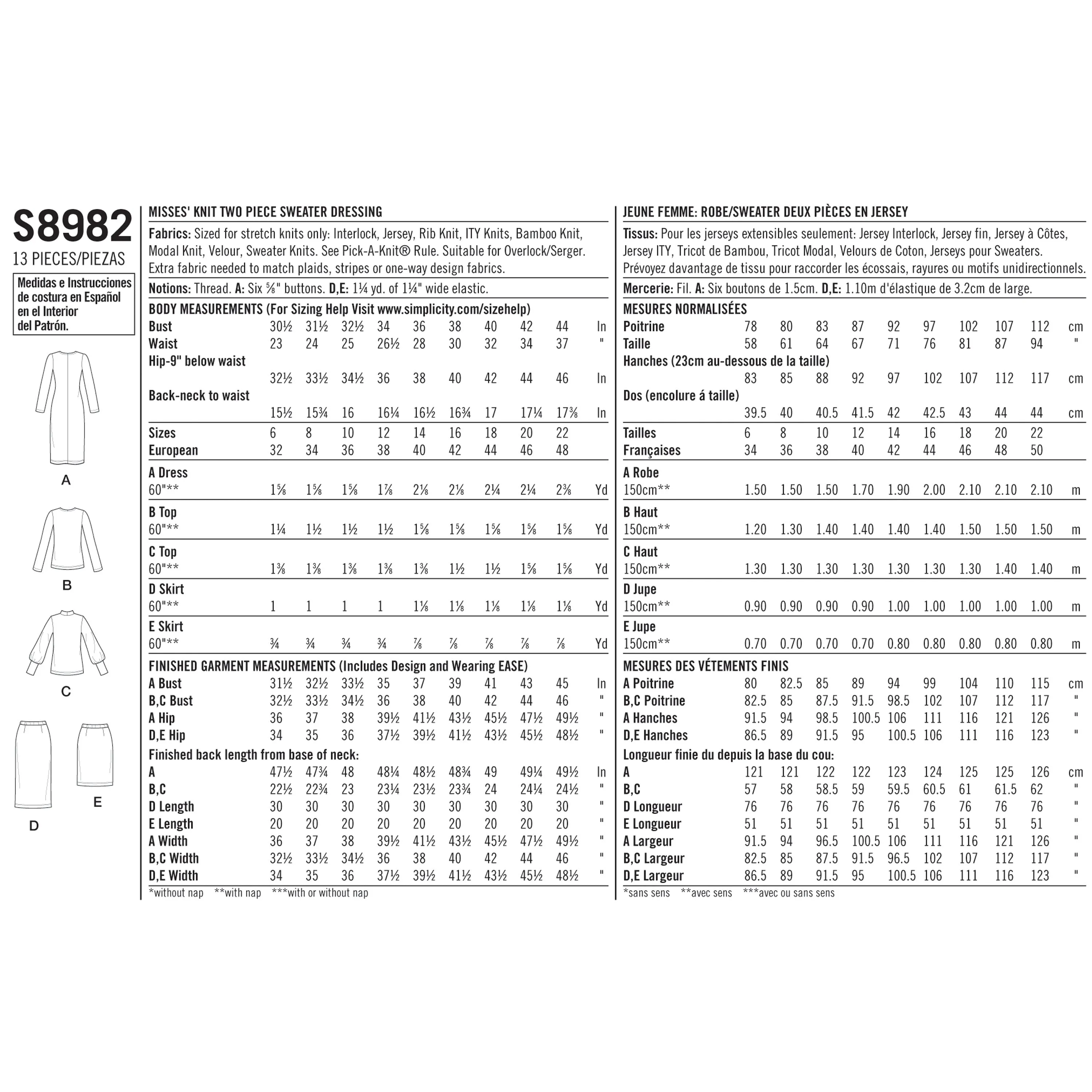 Simplicity Sewing Pattern 8982 Knit Dress, Tops, Skirts