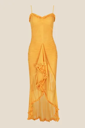 Straps Yellow Ruffled Front Irregular Long Dress