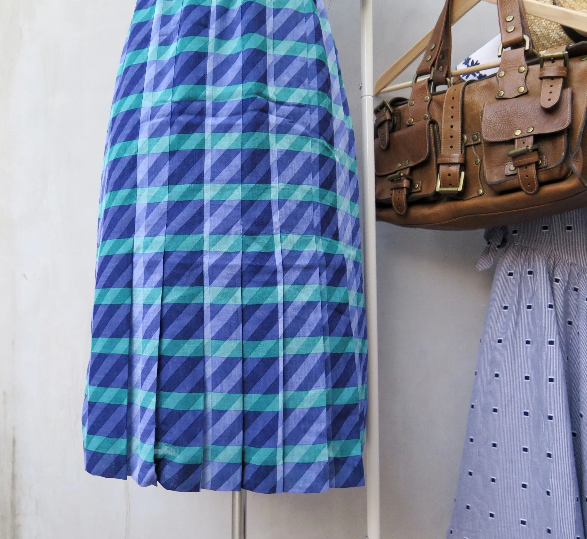 This way and that | Vintage 1950s 1960s Turquoise and Indigo print Checkered and stripes Midi Dress