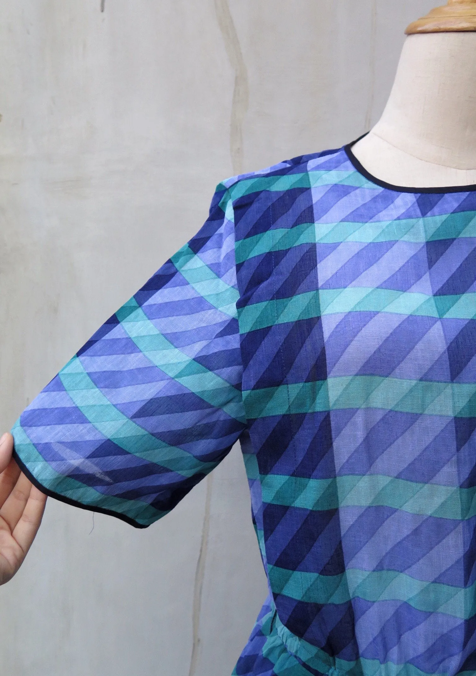 This way and that | Vintage 1950s 1960s Turquoise and Indigo print Checkered and stripes Midi Dress