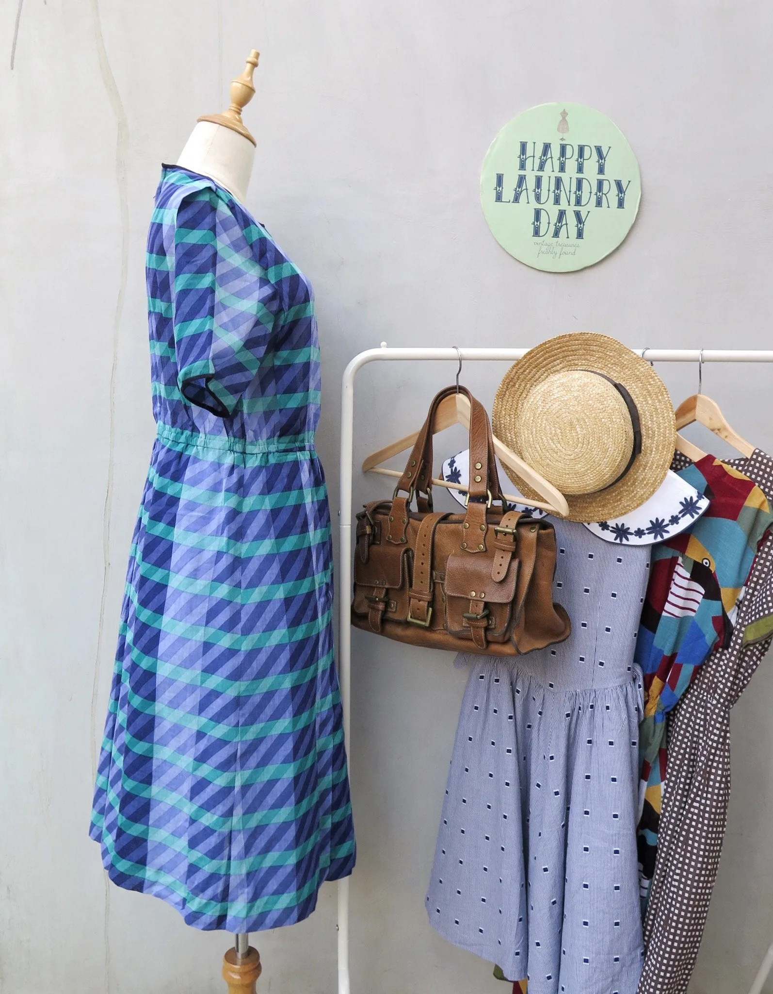 This way and that | Vintage 1950s 1960s Turquoise and Indigo print Checkered and stripes Midi Dress