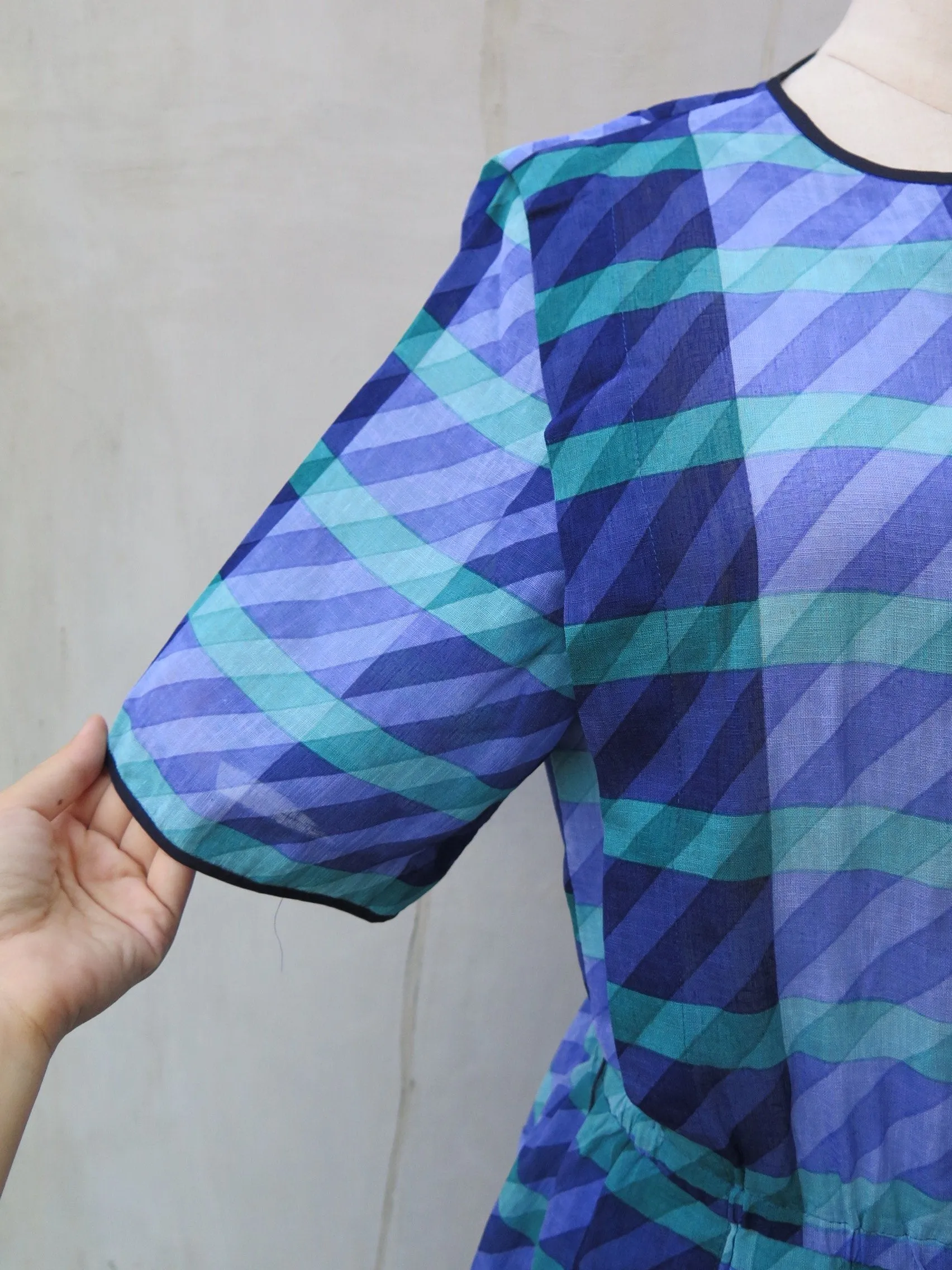 This way and that | Vintage 1950s 1960s Turquoise and Indigo print Checkered and stripes Midi Dress