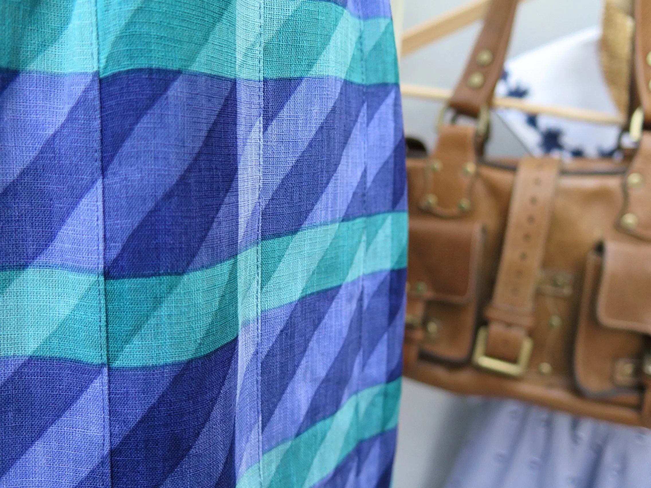 This way and that | Vintage 1950s 1960s Turquoise and Indigo print Checkered and stripes Midi Dress