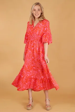Tropical Leaf Print V-Neck Shirred Maxi Dress with Fluted Sleeves in Orange
