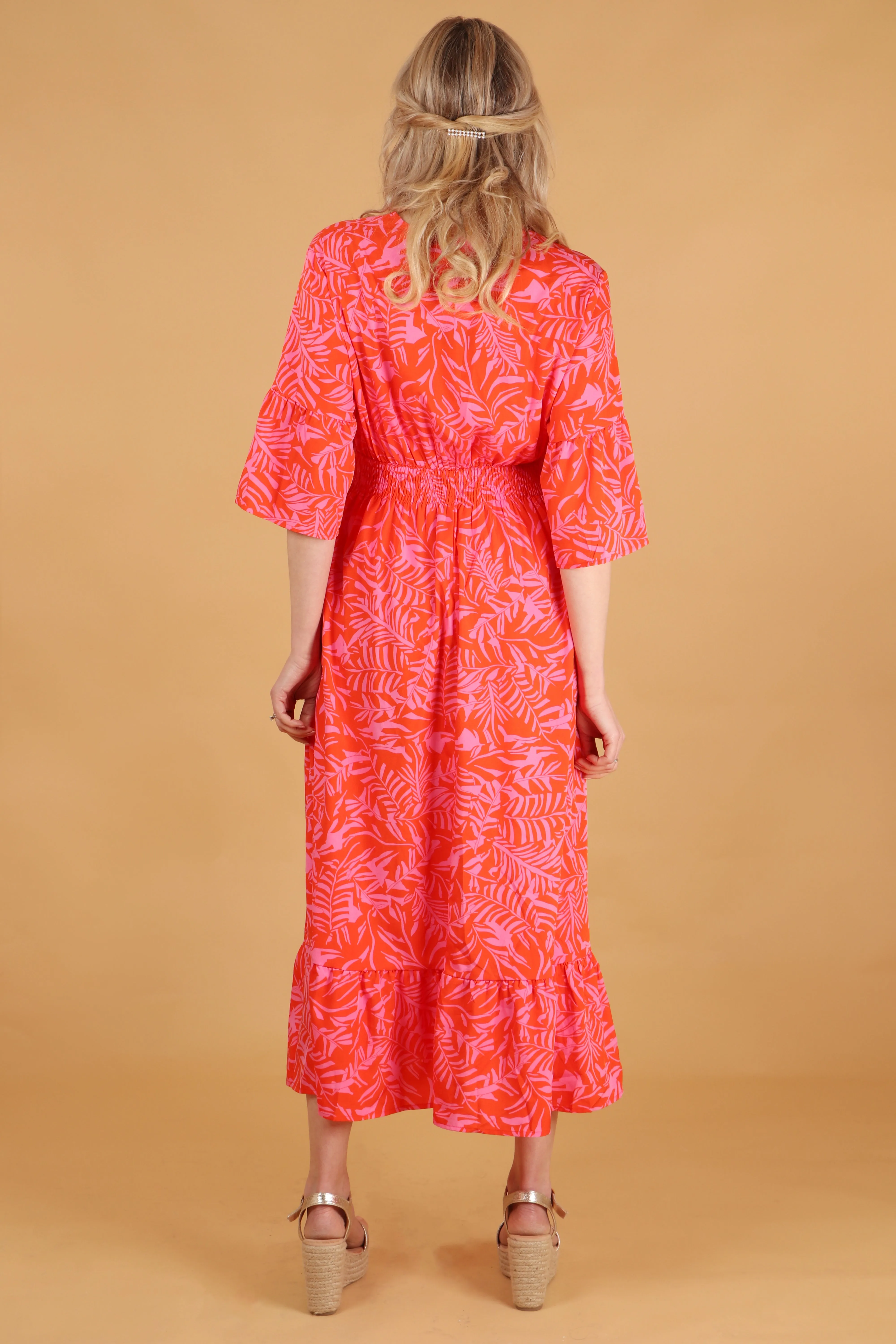 Tropical Leaf Print V-Neck Shirred Maxi Dress with Fluted Sleeves in Orange
