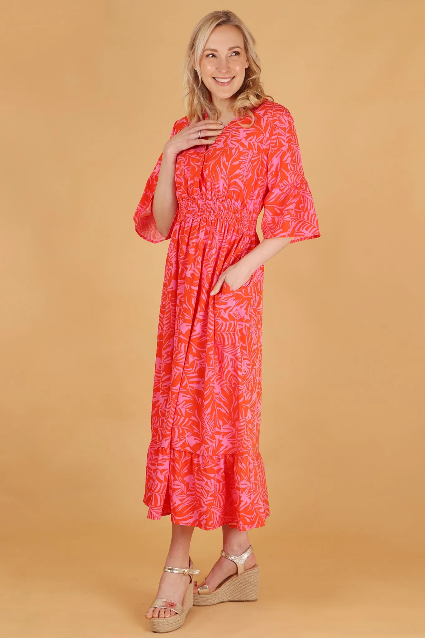 Tropical Leaf Print V-Neck Shirred Maxi Dress with Fluted Sleeves in Orange