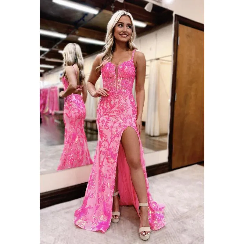 Trumpet/Mermaid Couture & Ornate Spaghetti Straps Square Slit Sequins Evening Party Prom Dre