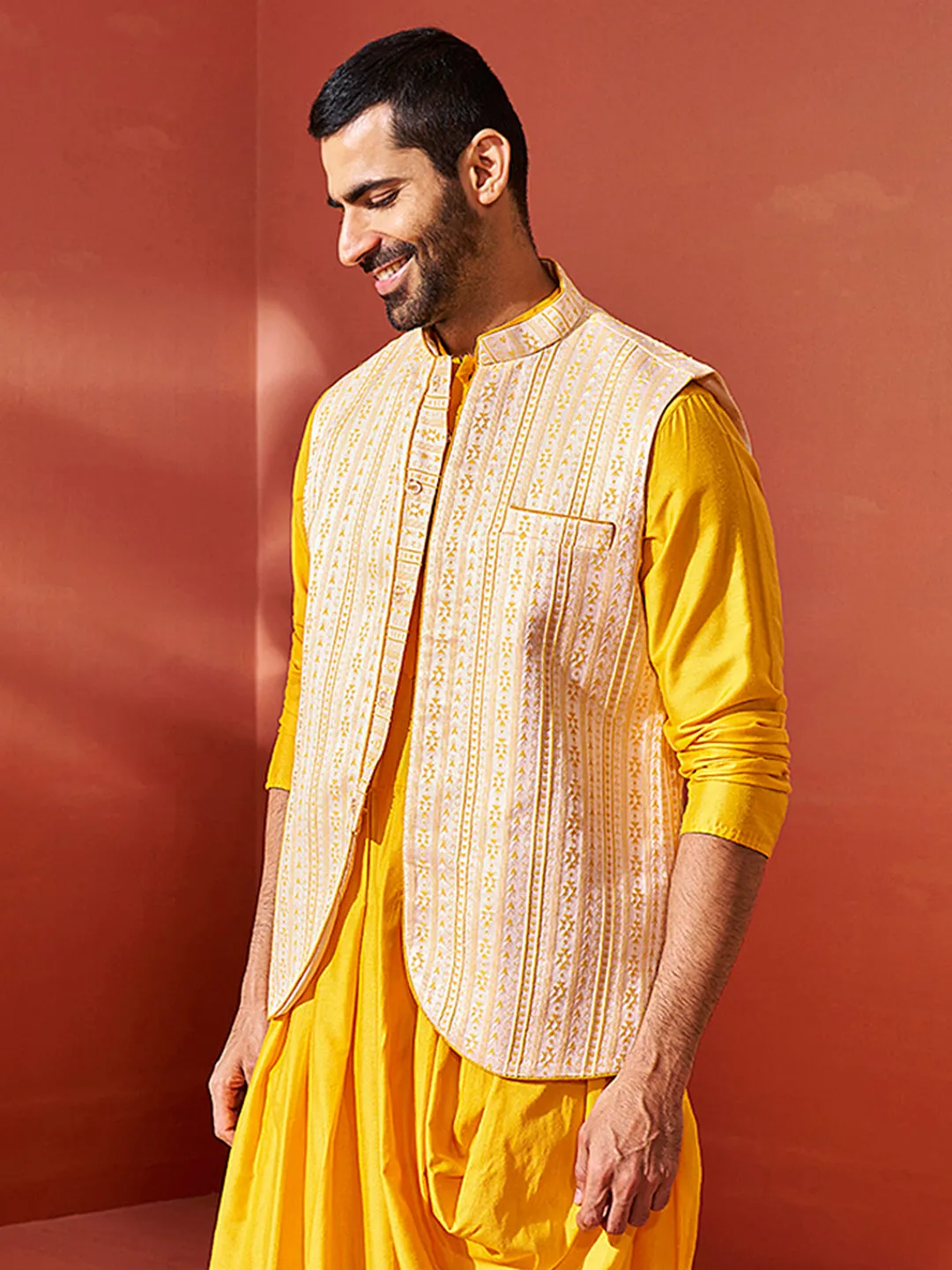 VASTRAMAY Men's Yellow - Nehru Jacket