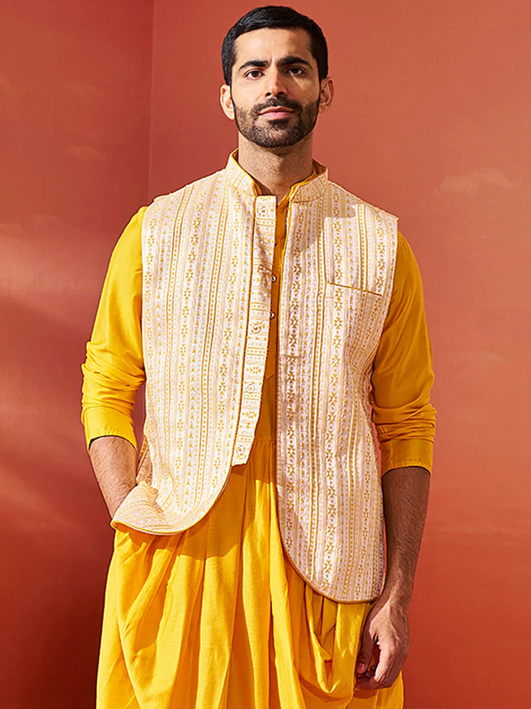 VASTRAMAY Men's Yellow - Nehru Jacket