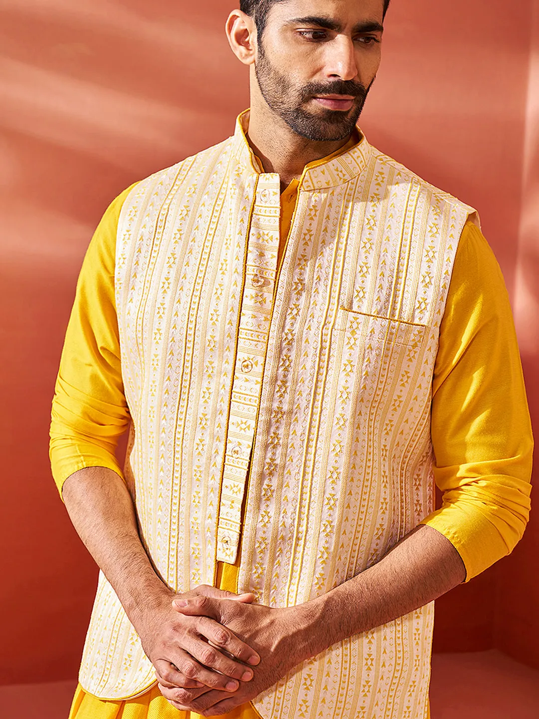 VASTRAMAY Men's Yellow - Nehru Jacket