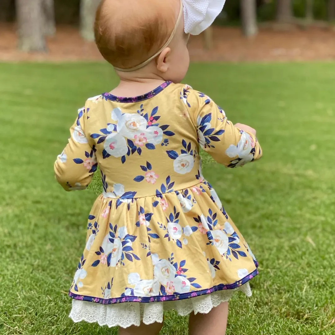 Vintage Floral Twirl Dress - Mustard