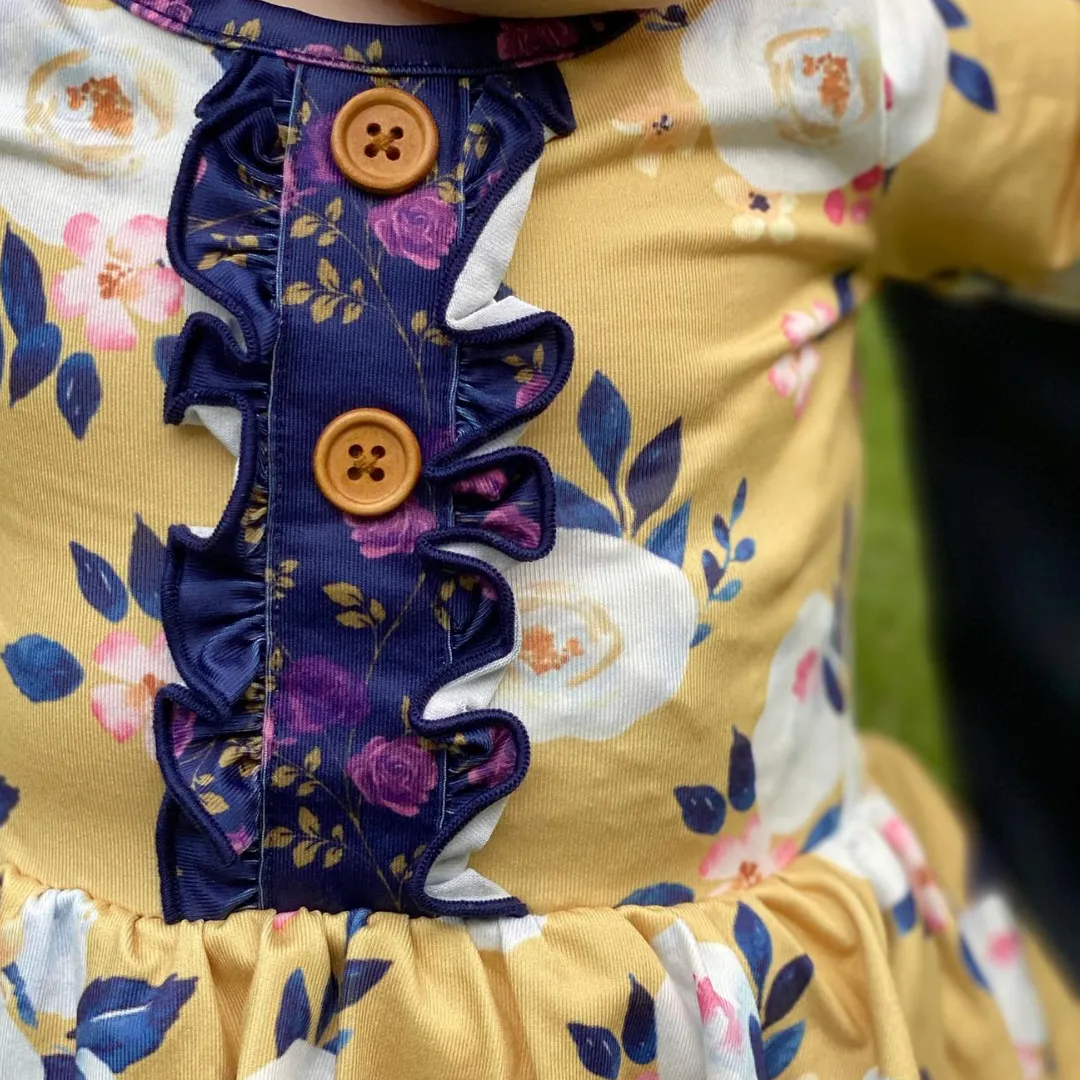 Vintage Floral Twirl Dress - Mustard