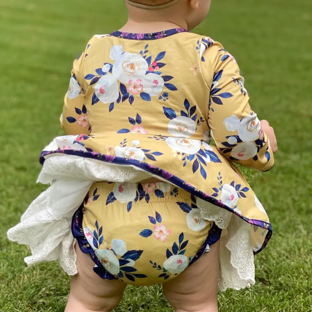 Vintage Floral Twirl Dress - Mustard