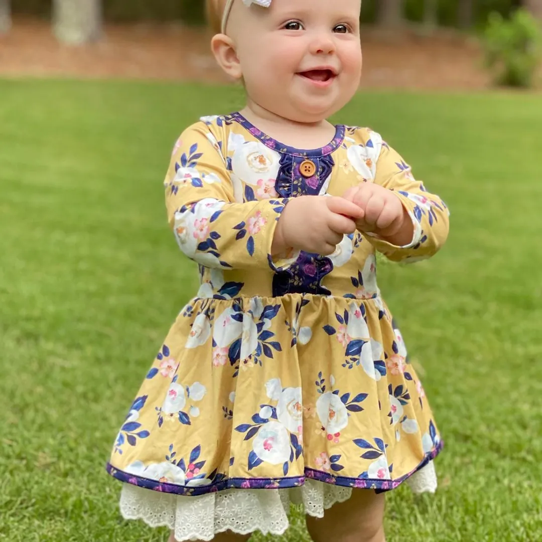 Vintage Floral Twirl Dress - Mustard