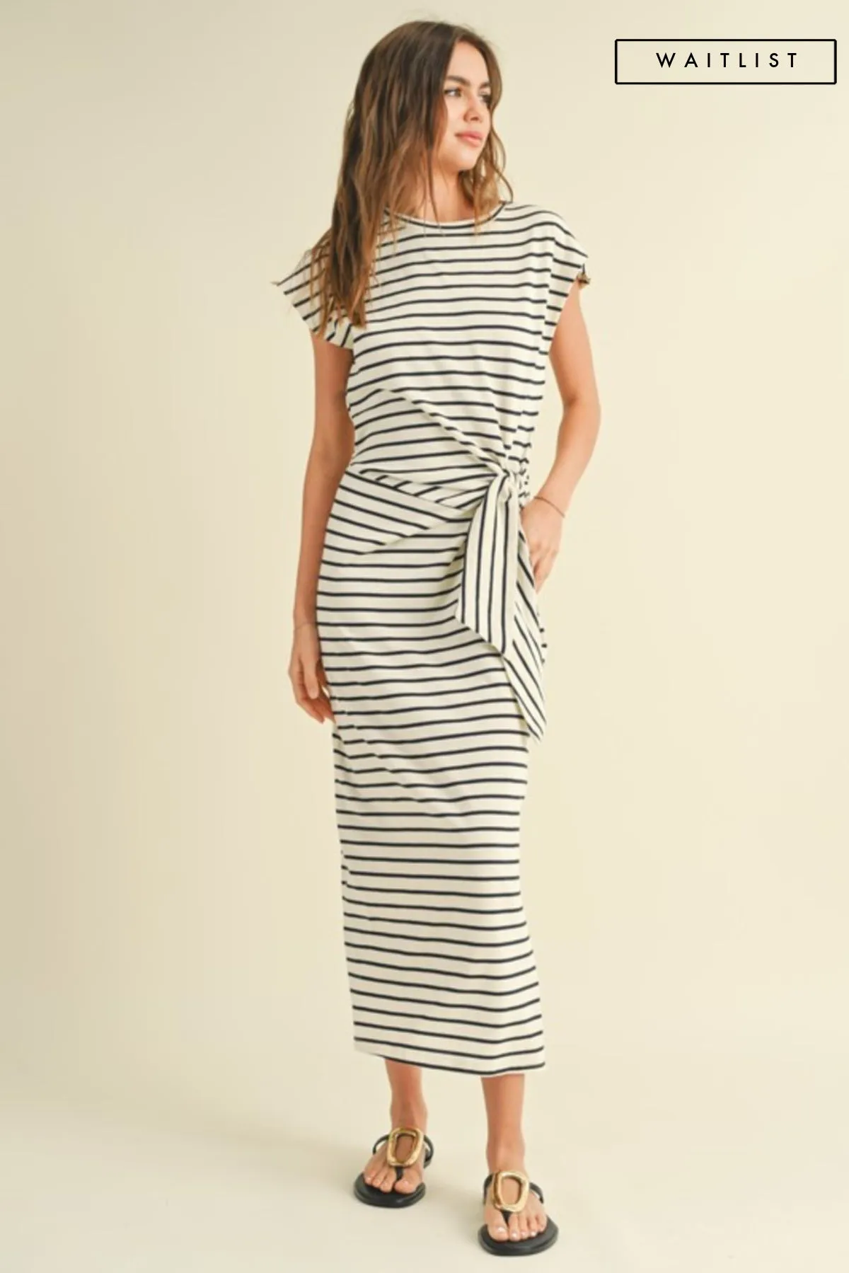 Waitlist 4/20 ♥ Avril Short Sleeve Knot Stripe Print Midi Dress White